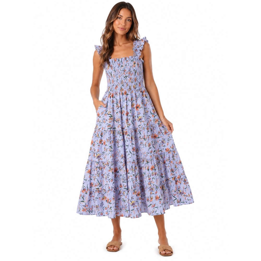 Hill House Home Ellie Nap Dress M Blue Botanical Floral Smocked Cotton Midi